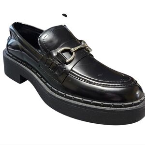 ZARA chunky lug sole horsebit platform‎ loafers black faux patent leather size 6